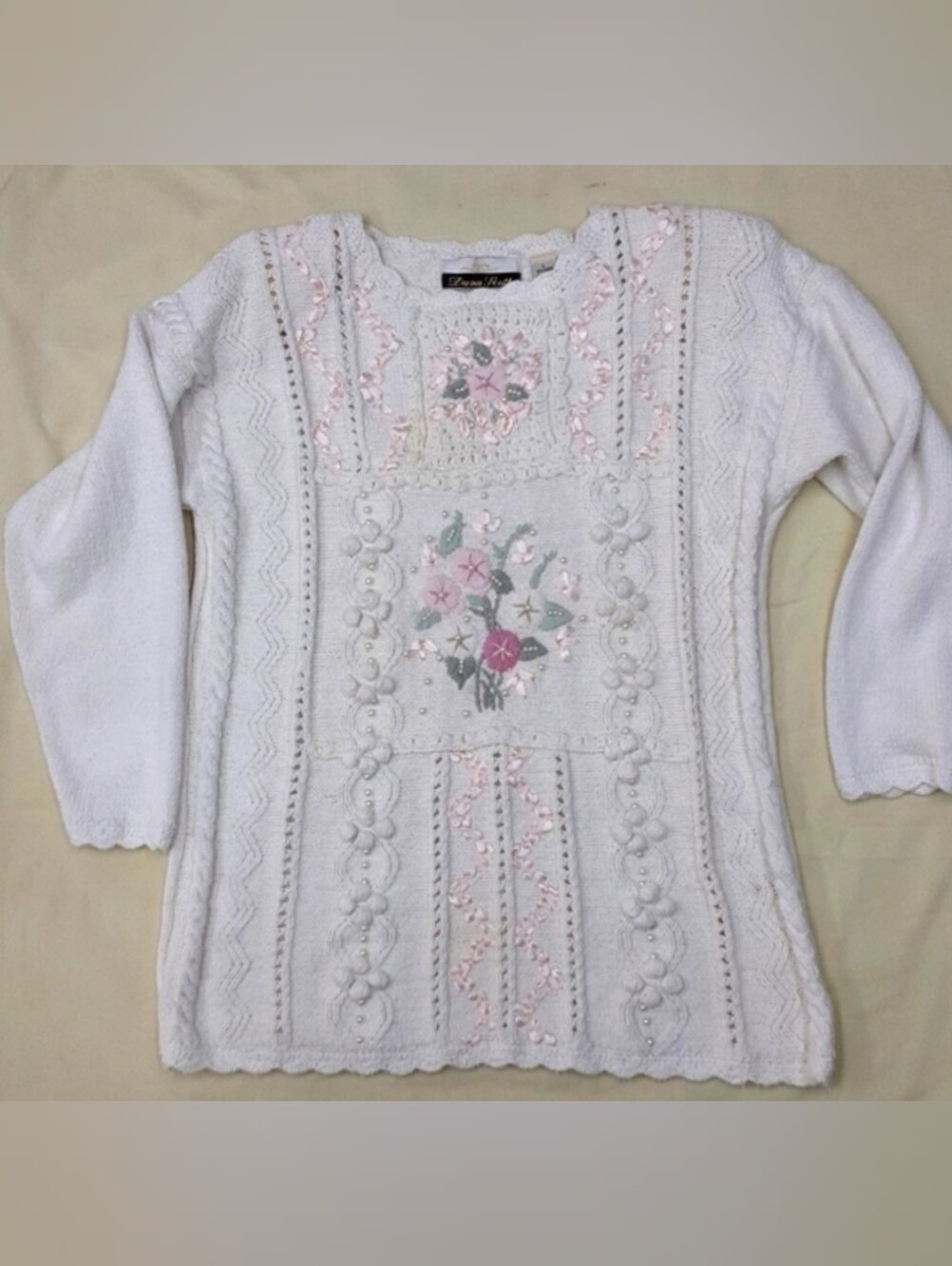 Vintage Dana Scott Embellished Sweater - Embroidery Floral Pearls - Size M
